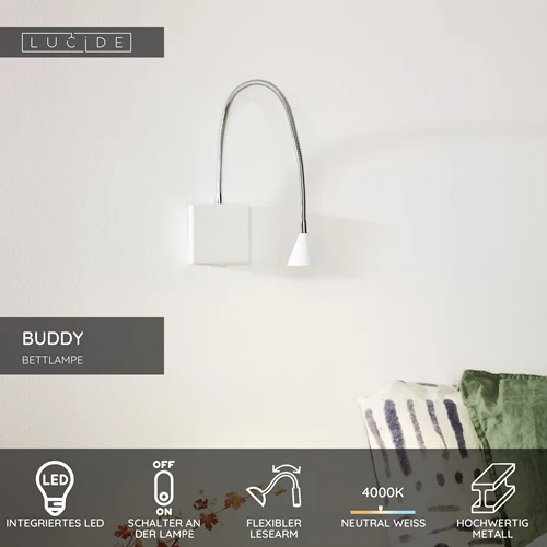 Lucide BUDDY - Bettlampe / Wandleuchte - LED - 1x4W 4000K - Weiß - USP